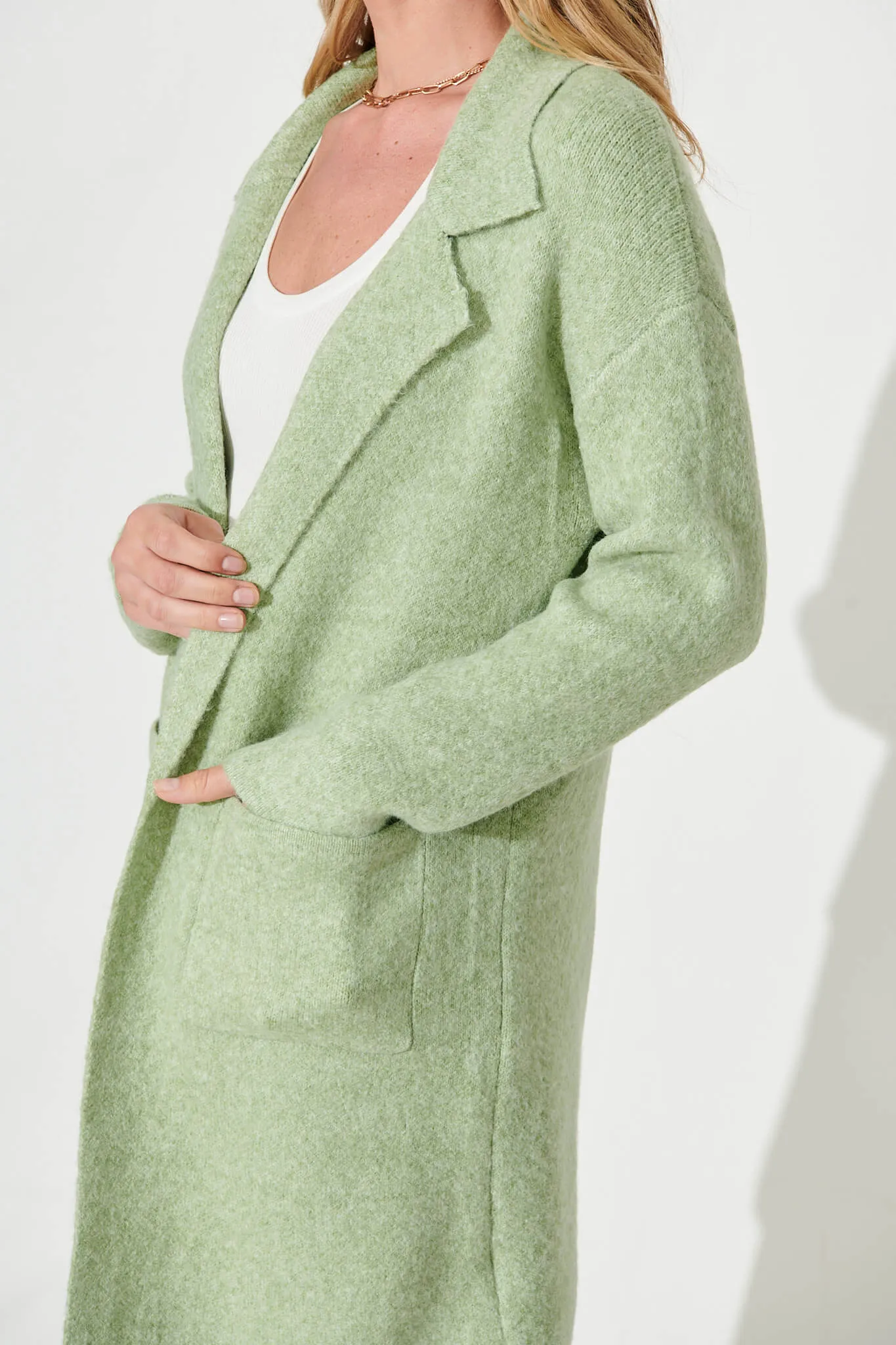 Acorn Knit Coatigan In Green Marle Wool Blend