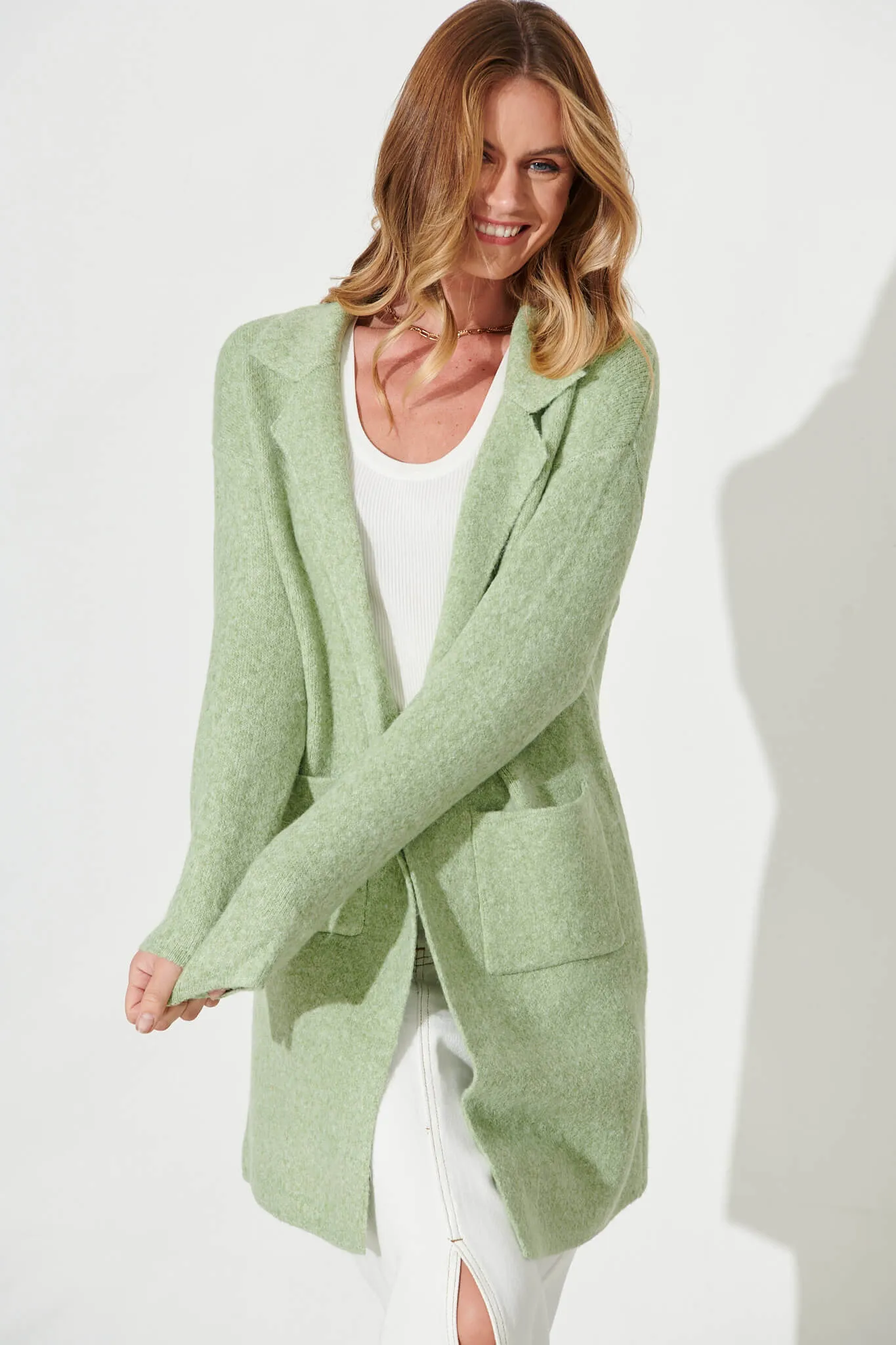 Acorn Knit Coatigan In Green Marle Wool Blend