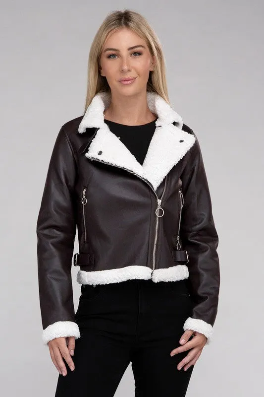 AMBIANCE APPAREL Trimmed  PU Jacket with Inside Plush