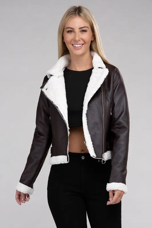 AMBIANCE APPAREL Trimmed  PU Jacket with Inside Plush