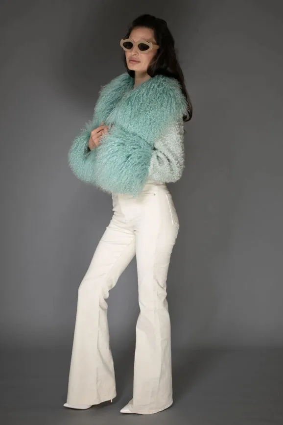 Aw - Mint Green Cropped Aw Coat - Light Purple Cashmere & Mongolian Shearling Coat