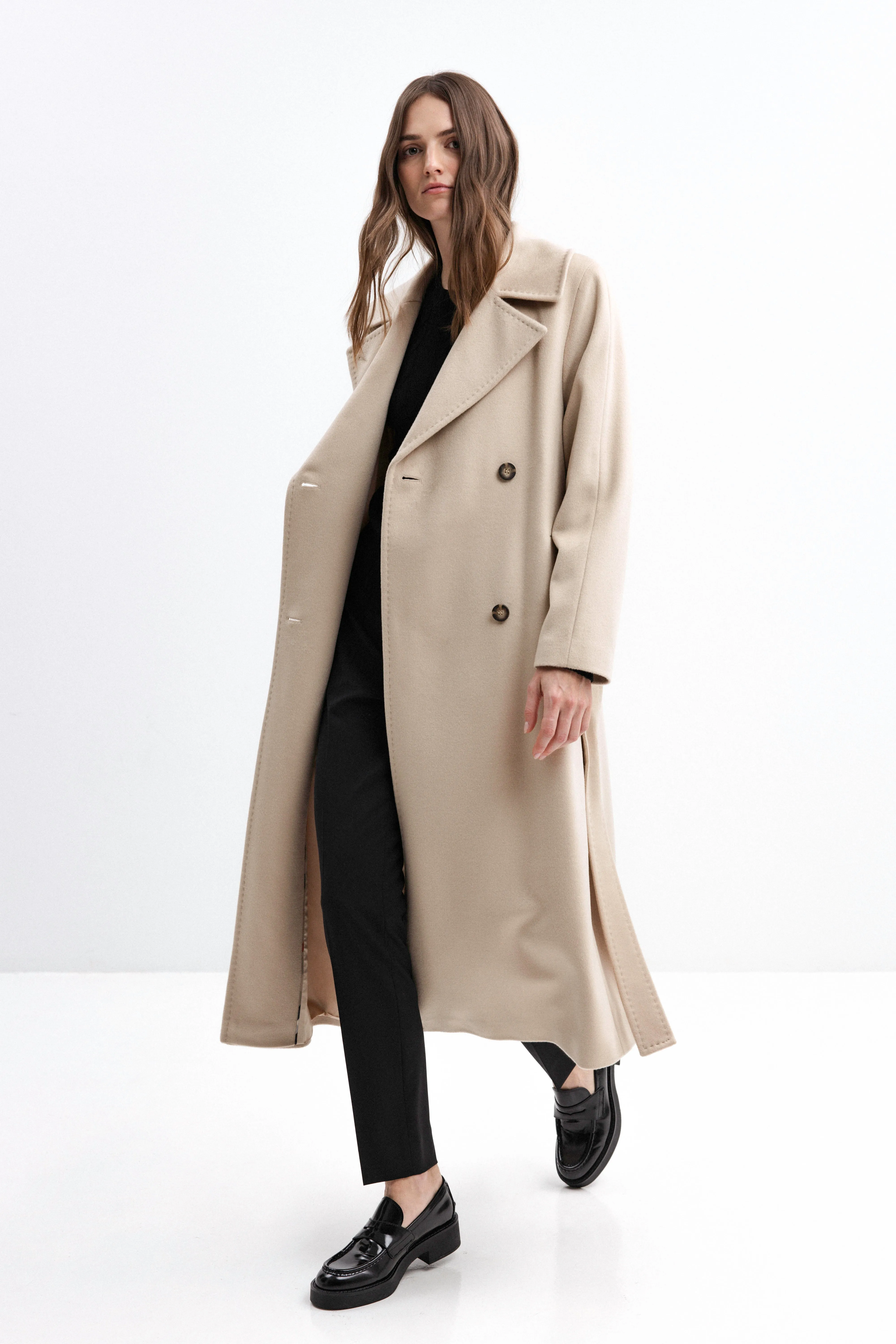 BEIGE BELTED WOOL COAT