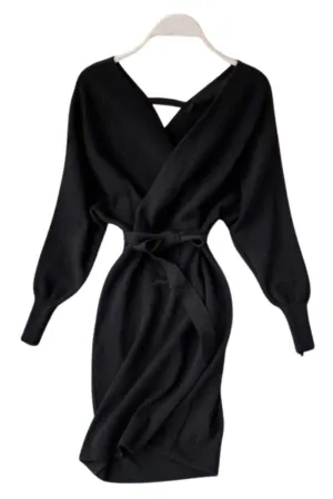 Black Knitted Wrap Dress