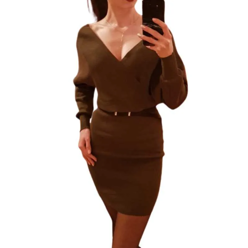 Brown Knitted Mini Wrap Dress