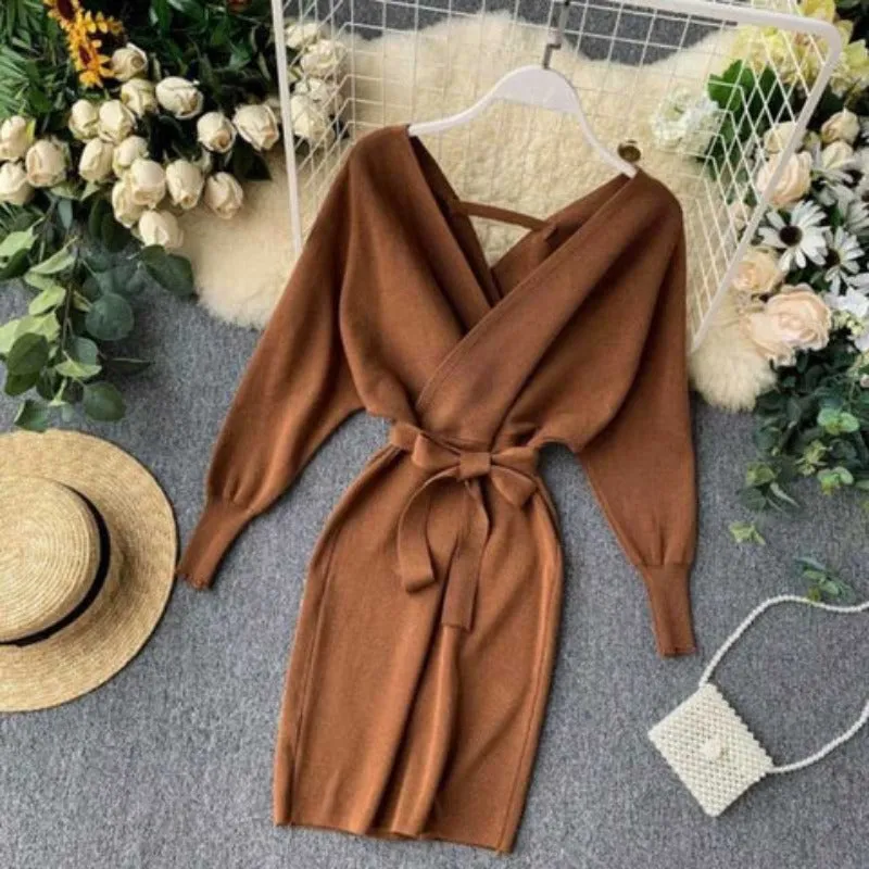 Brown Knitted Mini Wrap Dress