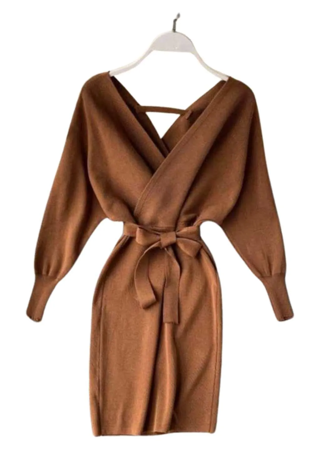 Brown Knitted Mini Wrap Dress