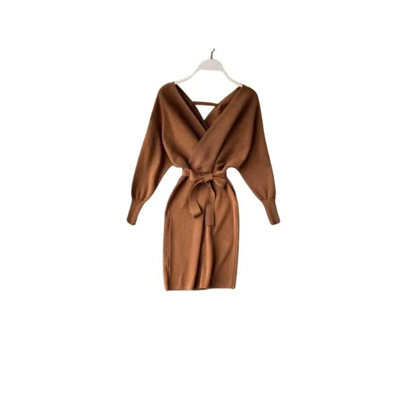 Brown Knitted Mini Wrap Dress