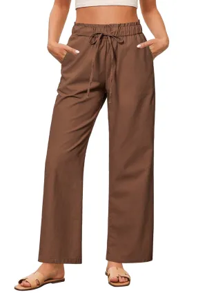 Brown Women's Comfortable Cool-Touch Drawstring Full-Length Lightweight Wide Leg Trousers