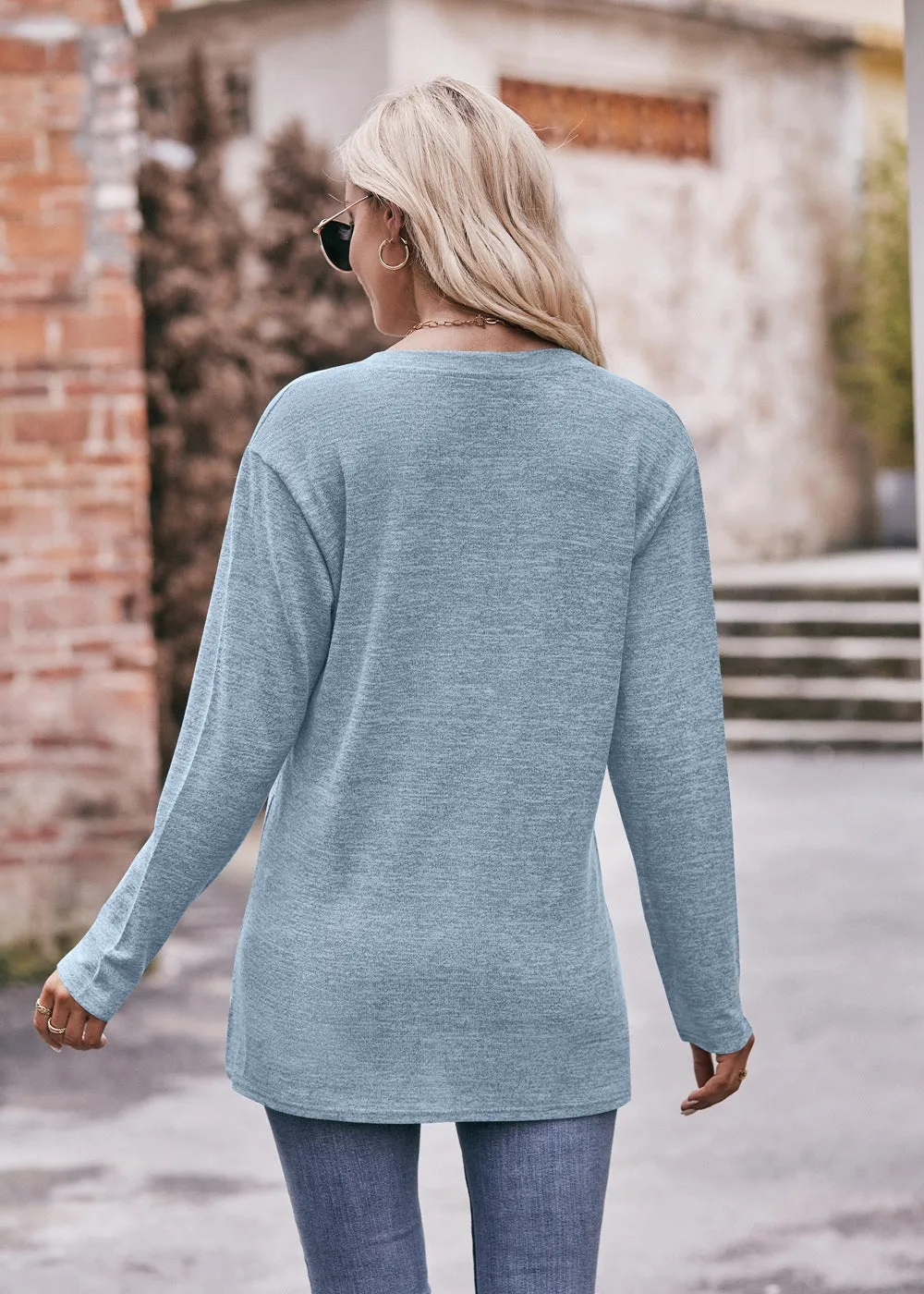 Casual V-neck Button Polished T-shirt Long-sleeved Top