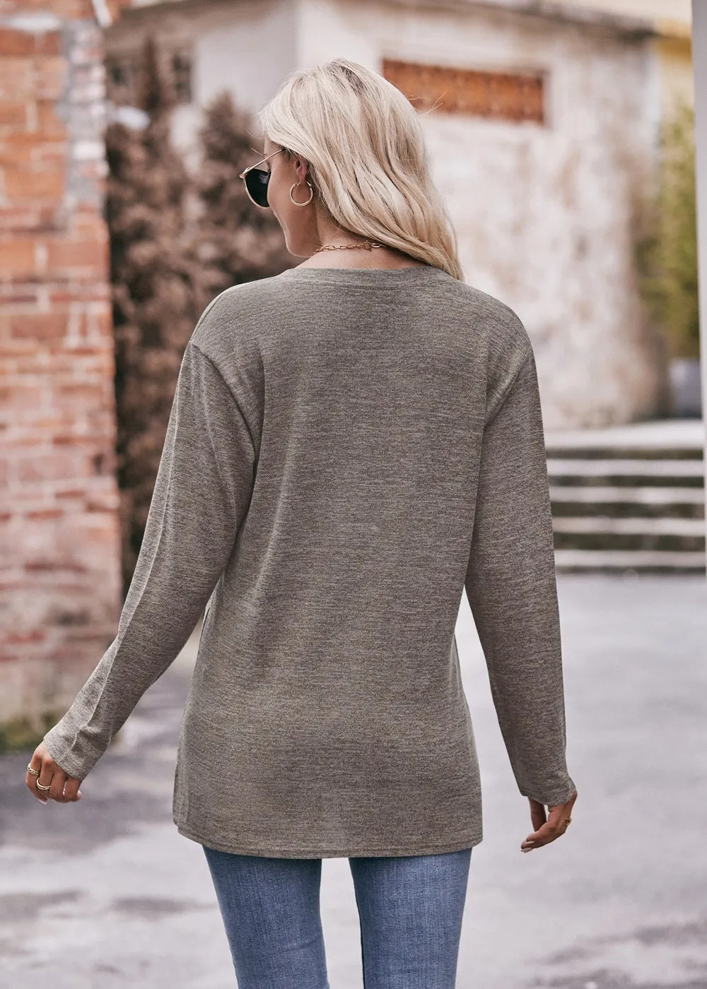 Casual V-neck Button Polished T-shirt Long-sleeved Top