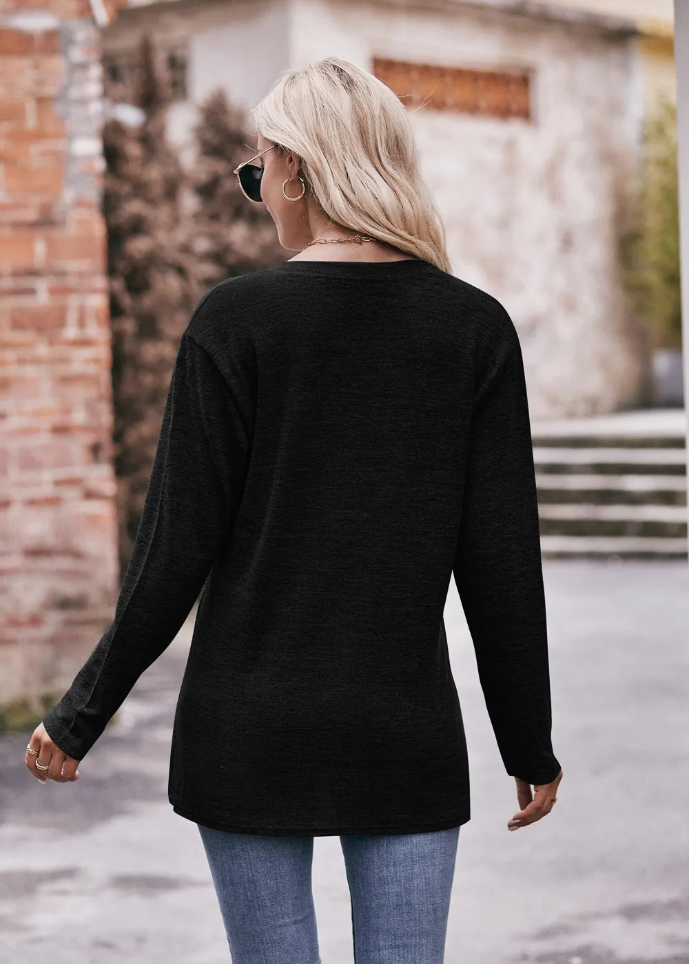 Casual V-neck Button Polished T-shirt Long-sleeved Top