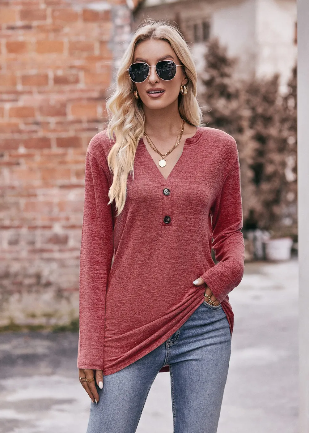 Casual V-neck Button Polished T-shirt Long-sleeved Top