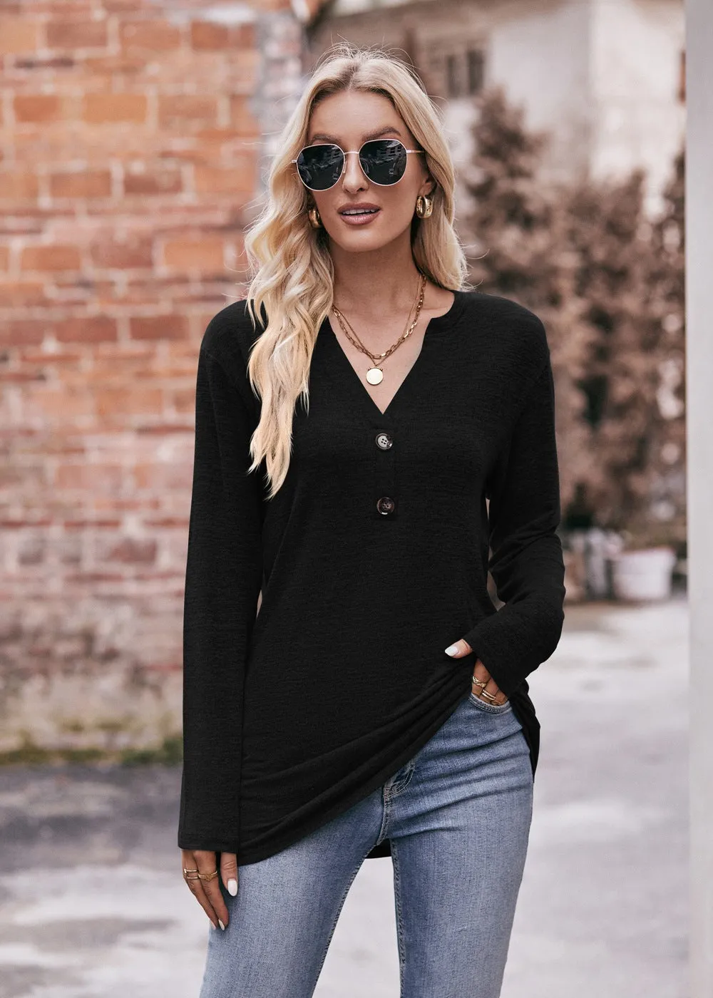 Casual V-neck Button Polished T-shirt Long-sleeved Top