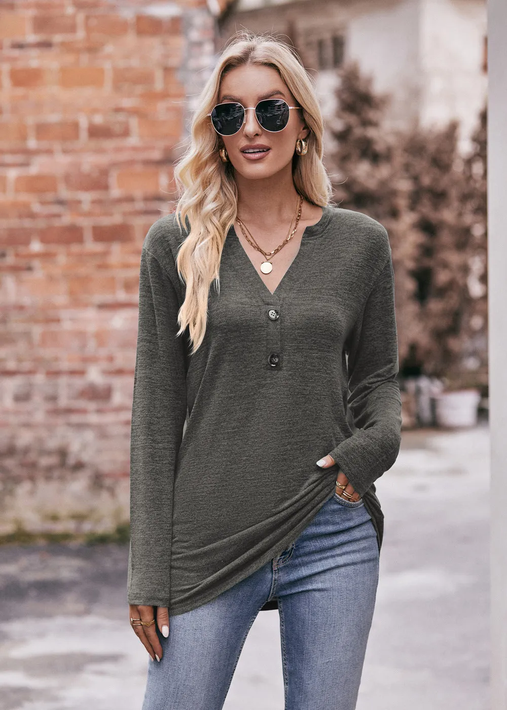 Casual V-neck Button Polished T-shirt Long-sleeved Top