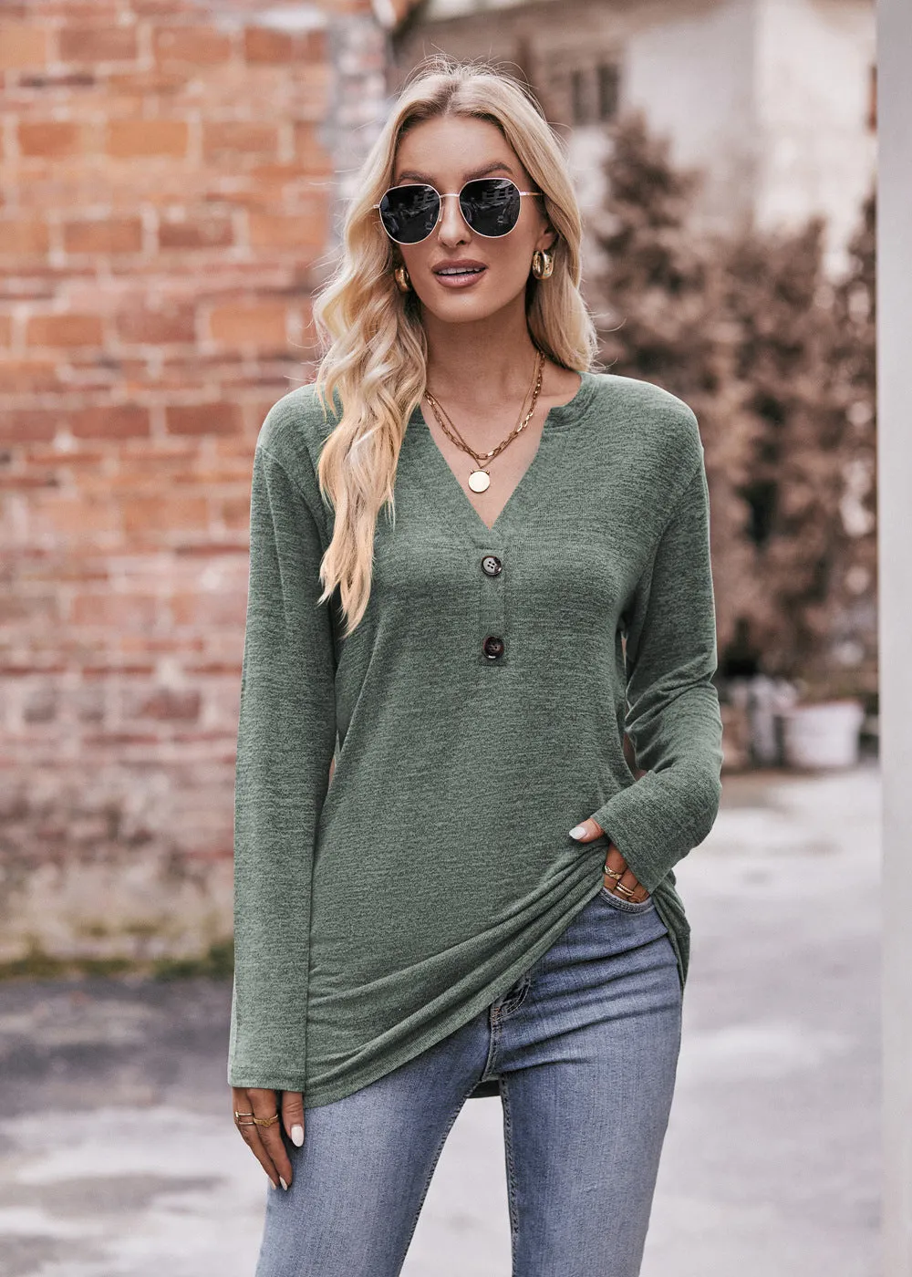 Casual V-neck Button Polished T-shirt Long-sleeved Top