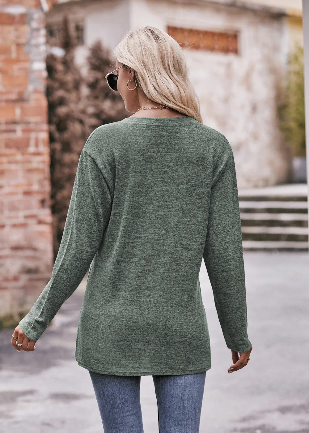 Casual V-neck Button Polished T-shirt Long-sleeved Top