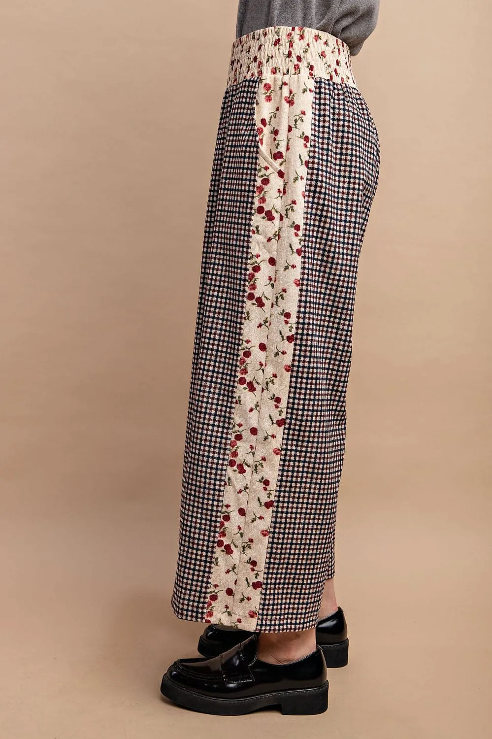 CHECKED MIX PRINTED ELASTIC WAIST WIDE PANTS WITH SIDE POCKETS