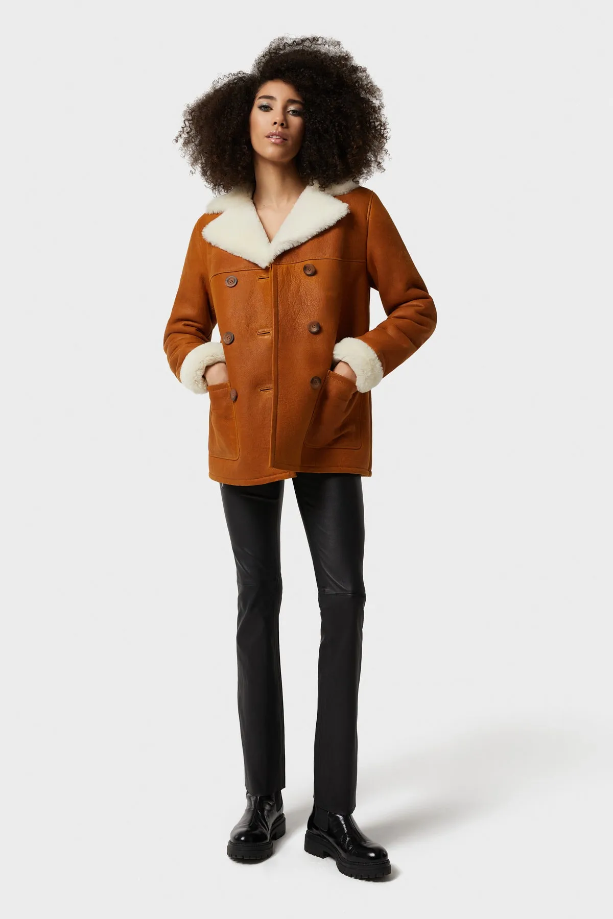 Chelsea Sheepskin Peacoat, Washed Tan with White Wool