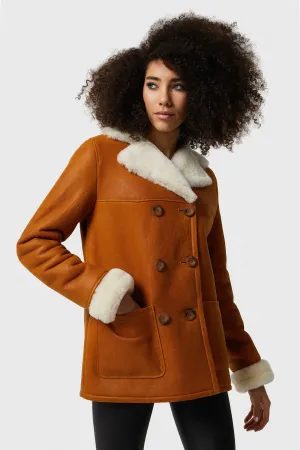 Chelsea Sheepskin Peacoat, Washed Tan with White Wool