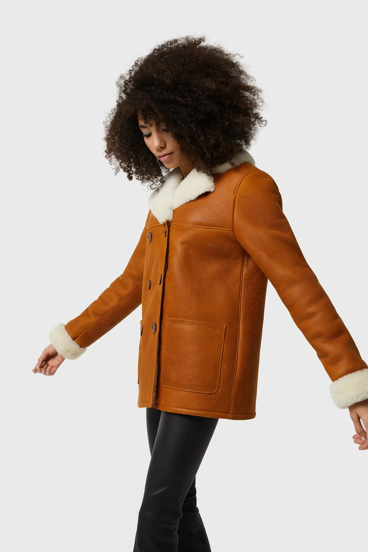 Chelsea Sheepskin Peacoat, Washed Tan with White Wool