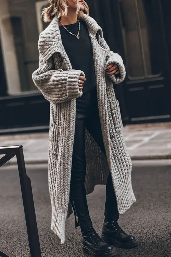 Chunky and Warm Knit Button Pocketed Oversized Midi Cardigan