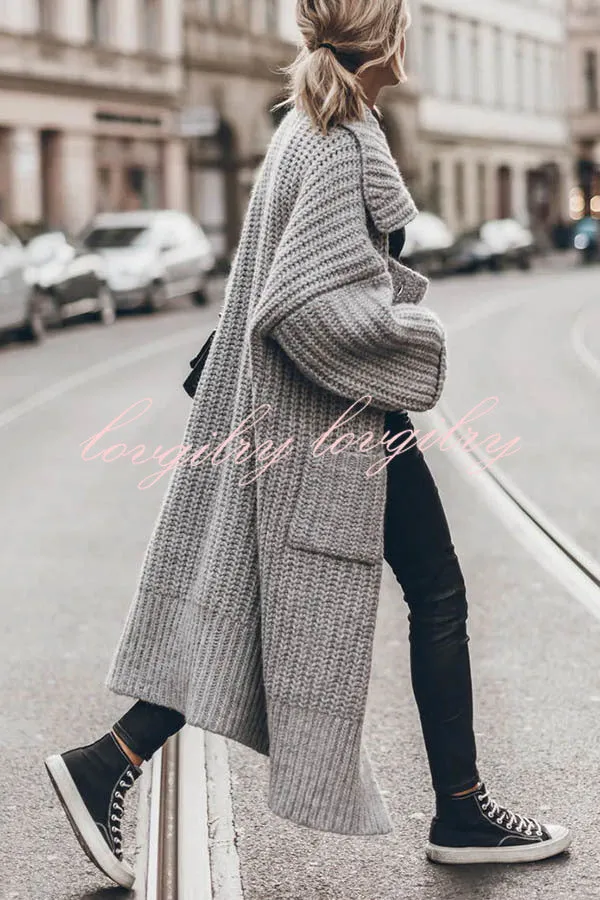 Chunky and Warm Knit Button Pocketed Oversized Midi Cardigan