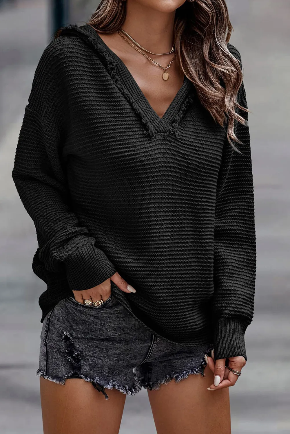 Collins V Neck Ribbed Drop Shoulder Hooded Sweater