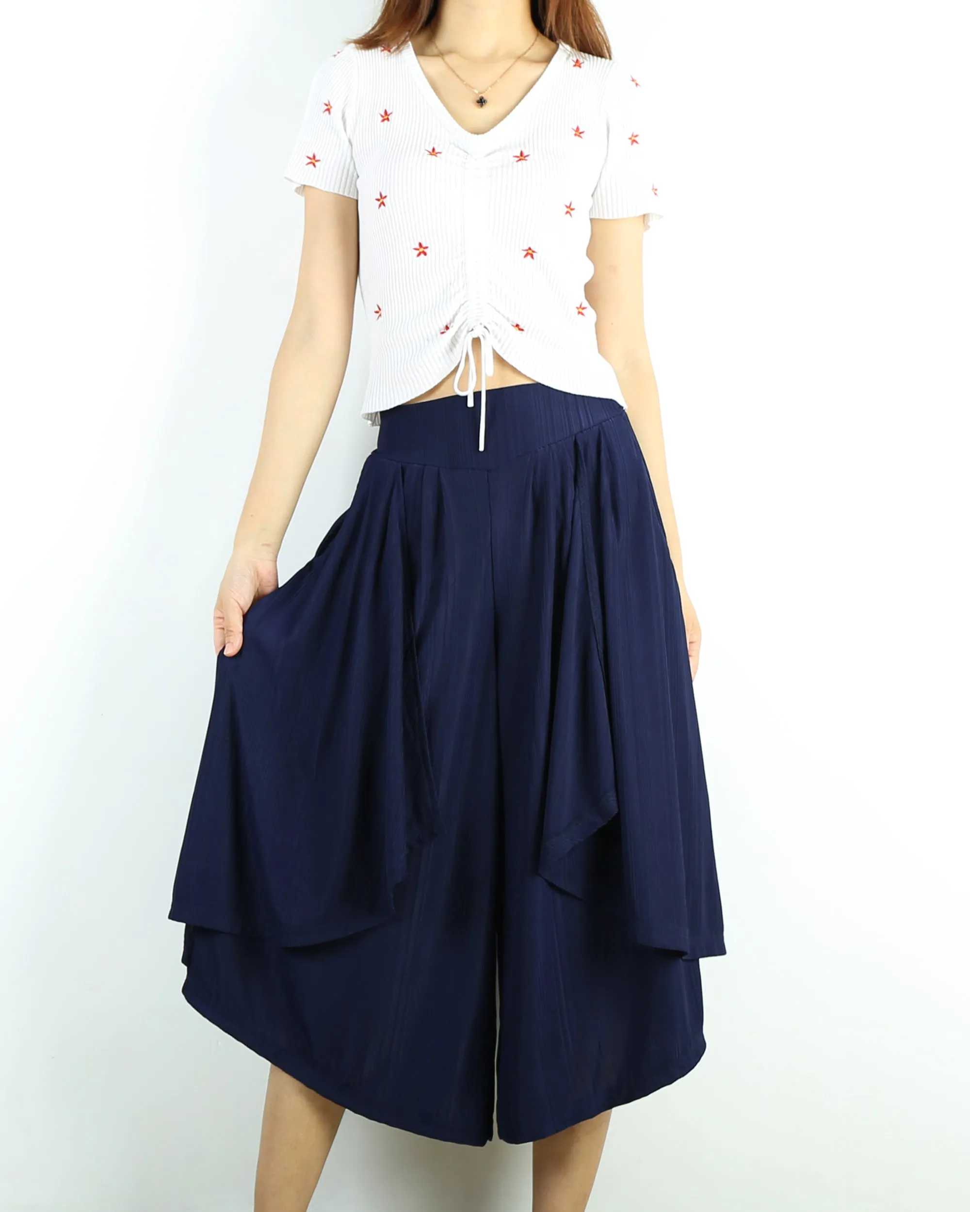 Dark Blue skirt pants/yoga skirt pants/oversized pants/elastic waist pants/asymmetrical trousers (K1661)