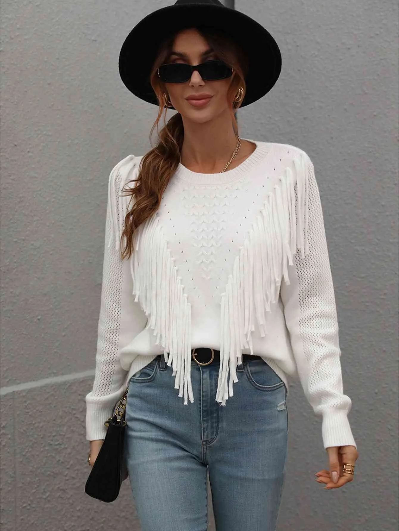 Double Take Fringe Detail Ribbed Trim Sweater