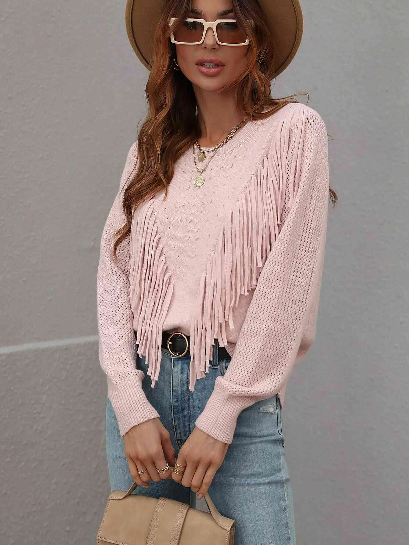 Double Take Fringe Detail Ribbed Trim Sweater