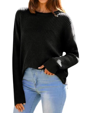 Fall Sweaters for Women 2024 Crewneck Crochet Loose Pullover Sweater Top Black S