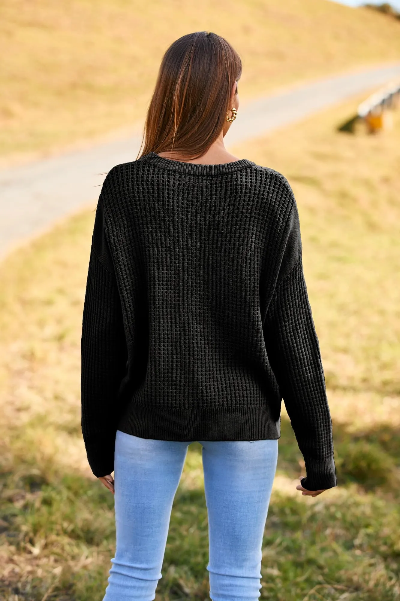 Fall Sweaters for Women 2024 Crewneck Crochet Loose Pullover Sweater Top Black S