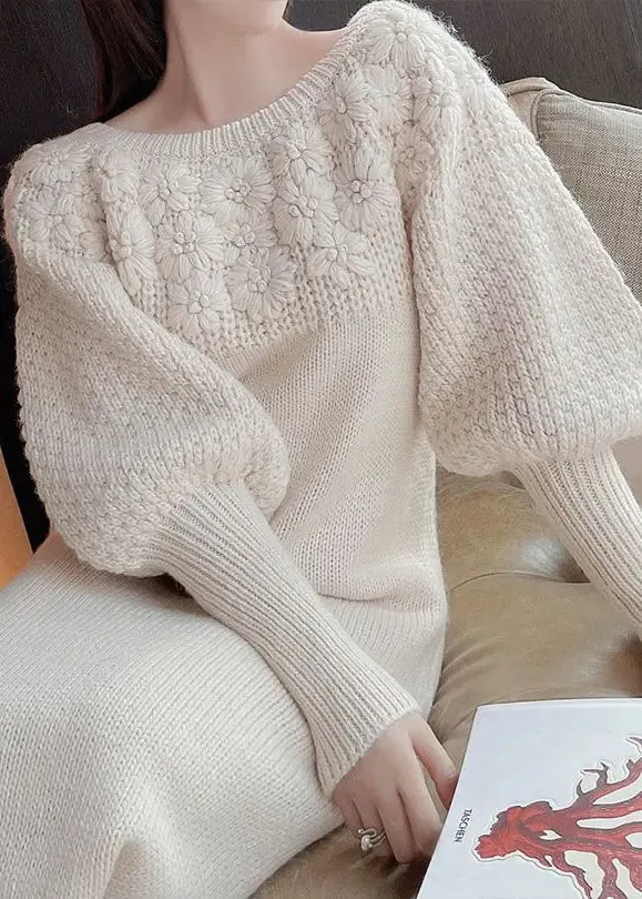 Flower Knitted Off Shoulder Sweater Dress Autumn