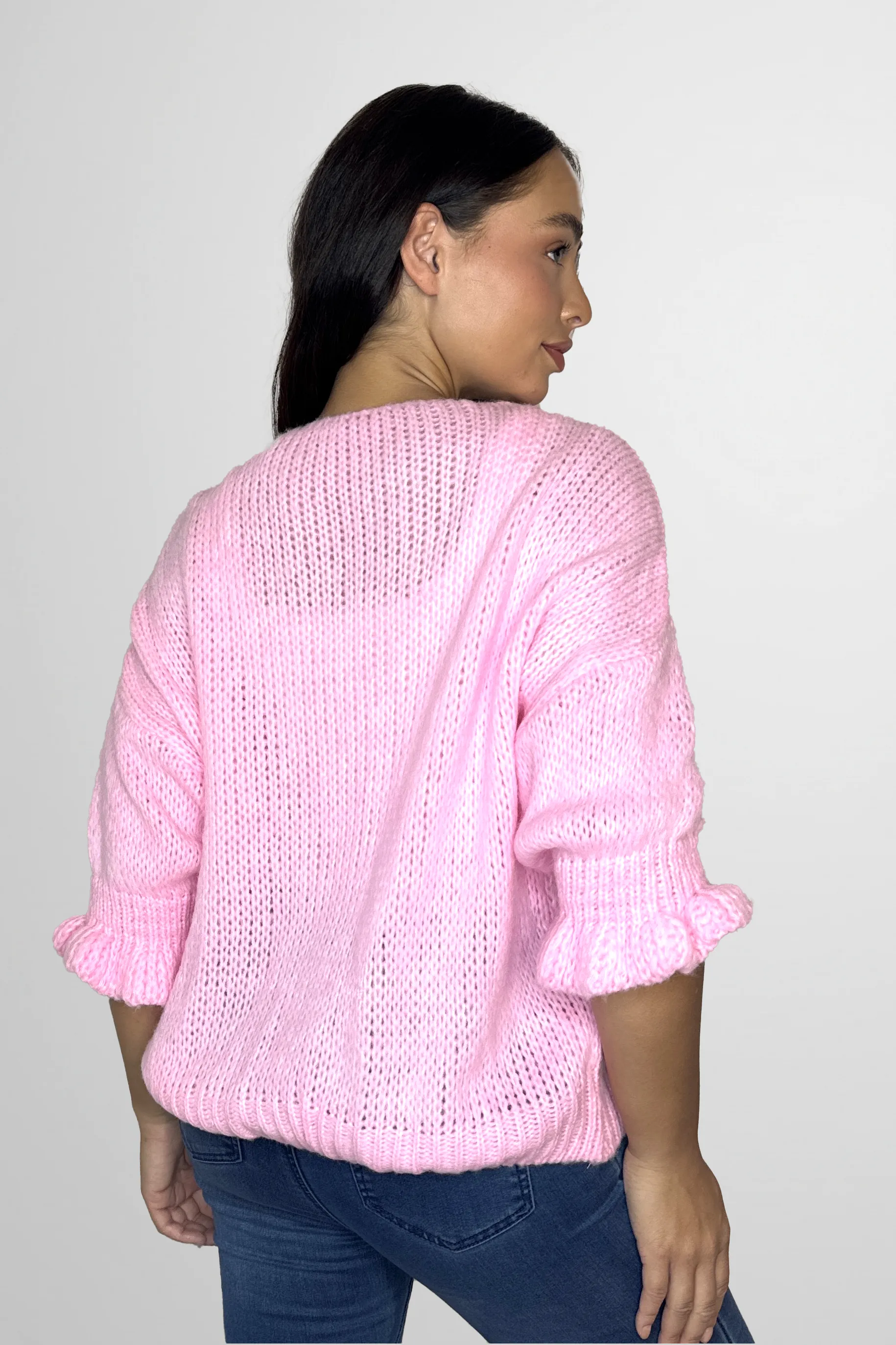 Frill ¾ Sleeve Chunky Knit Tie Up Cardigan