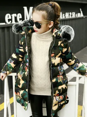 Girls Winter Coats Fashion Cotton Padded Fur Hooded