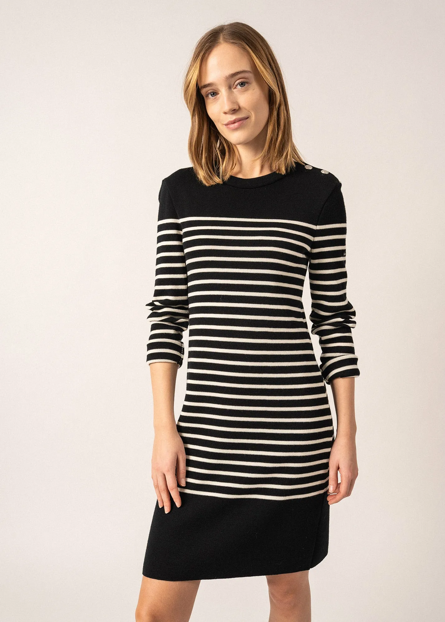 Grande Marée striped jumper dress - in wool, shoulder buttoning (NOIR/ECUME)