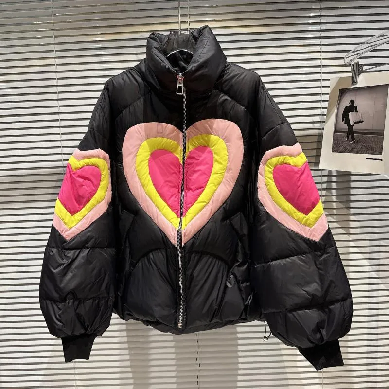 Heart Pattern Spliced Cotton Thick Parkas Jacket