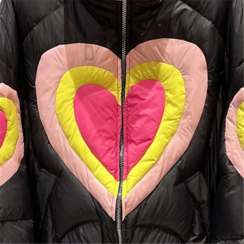 Heart Pattern Spliced Cotton Thick Parkas Jacket