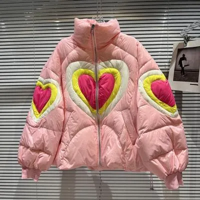 Heart Pattern Spliced Cotton Thick Parkas Jacket