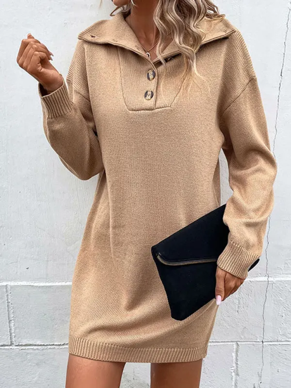 Knit Sweater Dress with Ribbed Accents - Button-Down knitwear