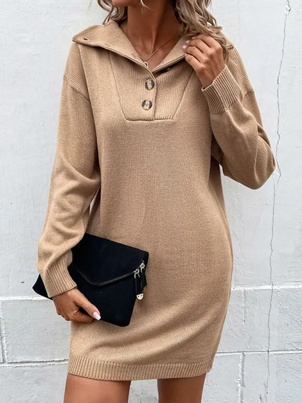 Knit Sweater Dress with Ribbed Accents - Button-Down knitwear