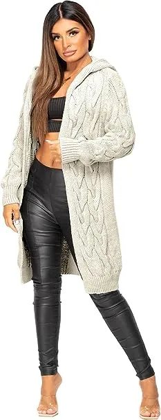 Ladies Cable Knitted Cardigans Oversize Long Hooded