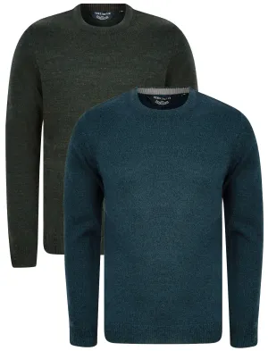 Lindsay (2 Pack) Marled Knitted Crew Neck Jumpers in Blue Twist / Green & Charcoal Twist - Kensington Eastside