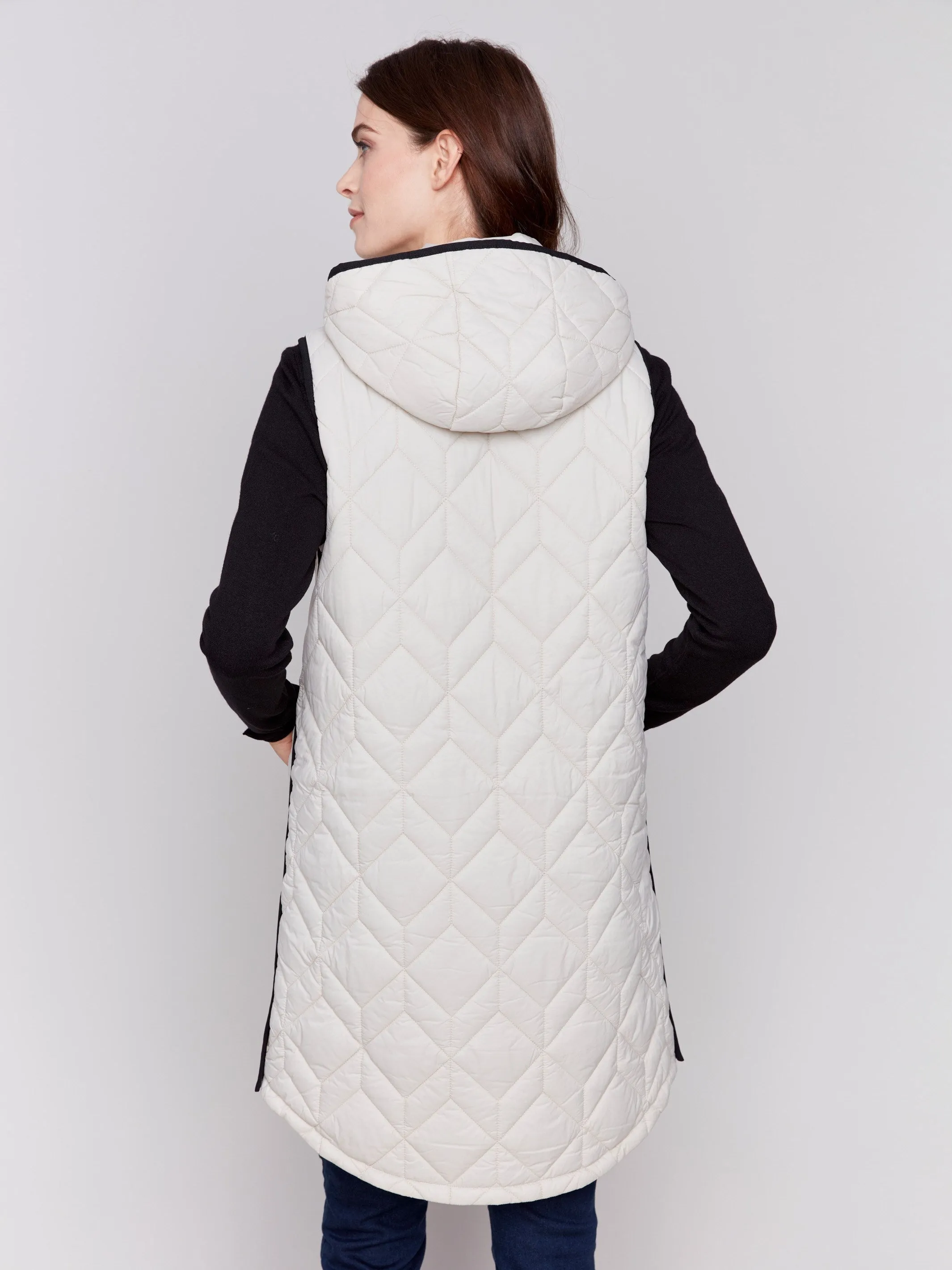 Long Quilted Puffer Vest With Hood - Almond