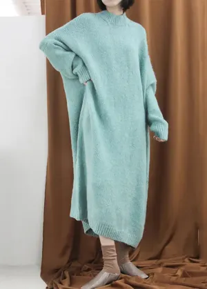 Loose Blue Green Turtleneck Cozy Cotton Knit Long Dress Fall ML3310