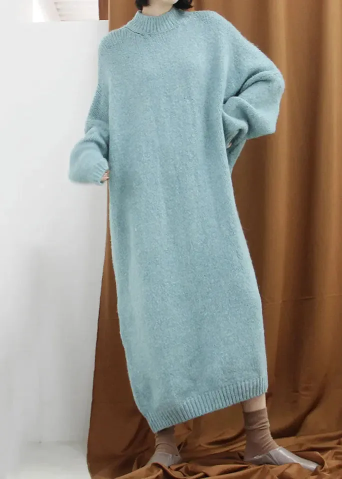 Loose Blue Green Turtleneck Cozy Cotton Knit Long Dress Fall ML3310