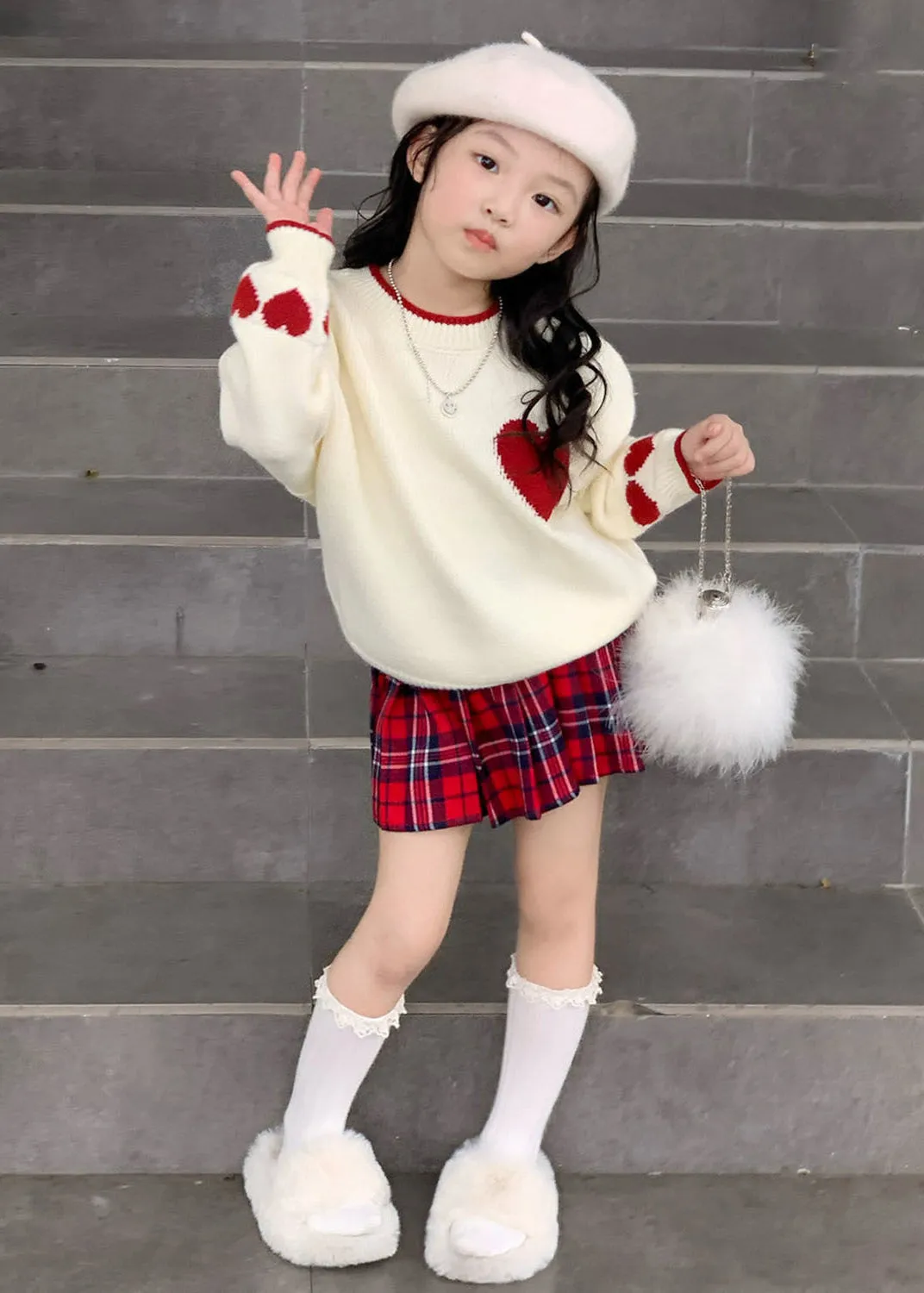 Lovely Red Patchwork Kids Cotton Knit Sweaters And Skirts Two Piece Set Spring TR004