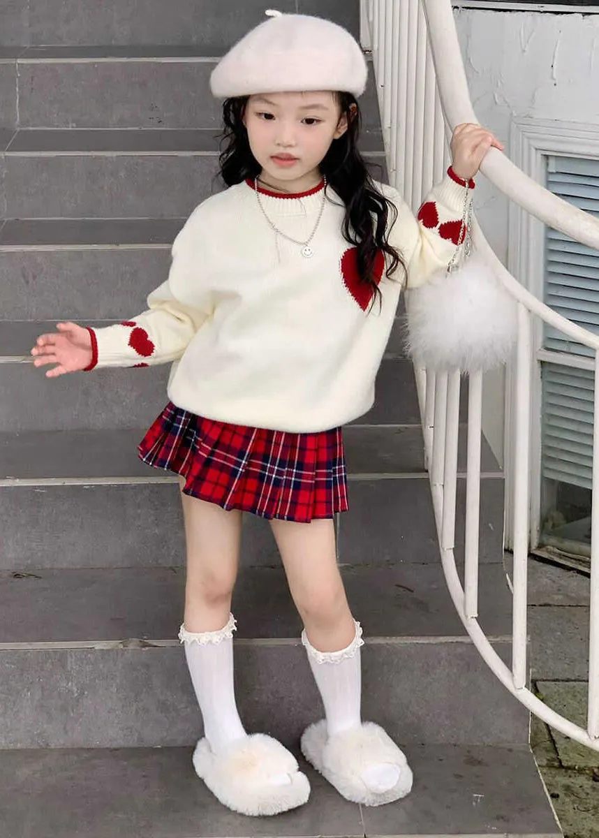 Lovely Red Patchwork Kids Cotton Knit Sweaters And Skirts Two Piece Set Spring TR004