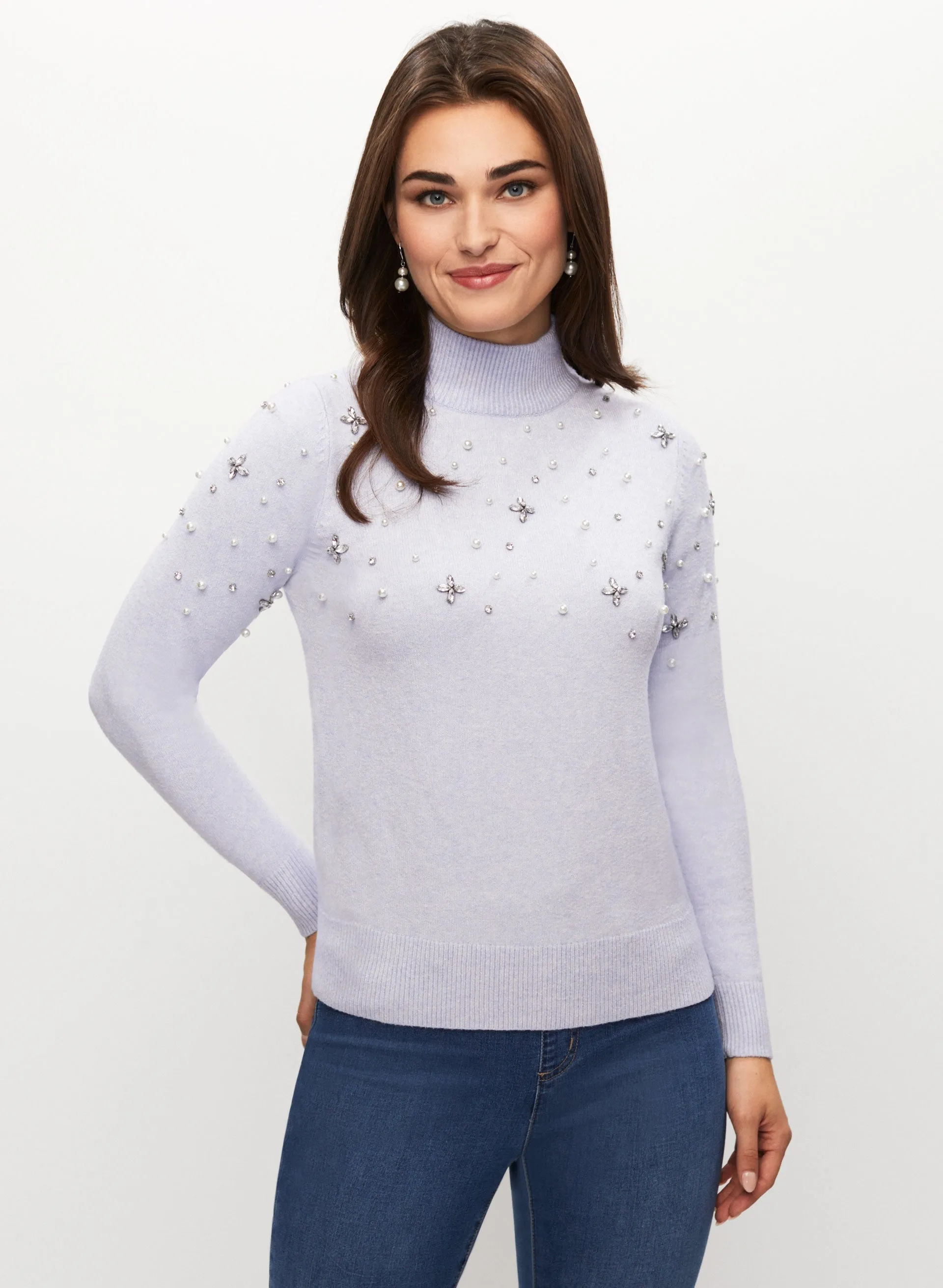 Mock Neck Pearl Detail Sweater