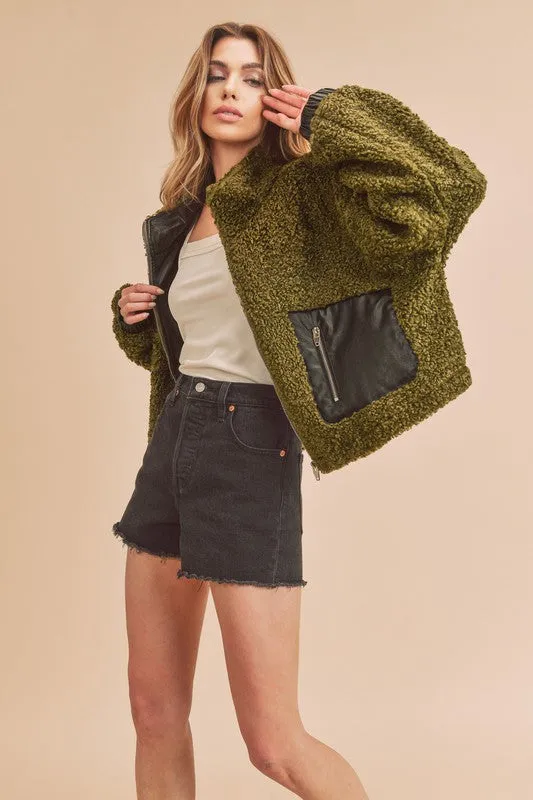 Olive Teddy Sherpa Jacket